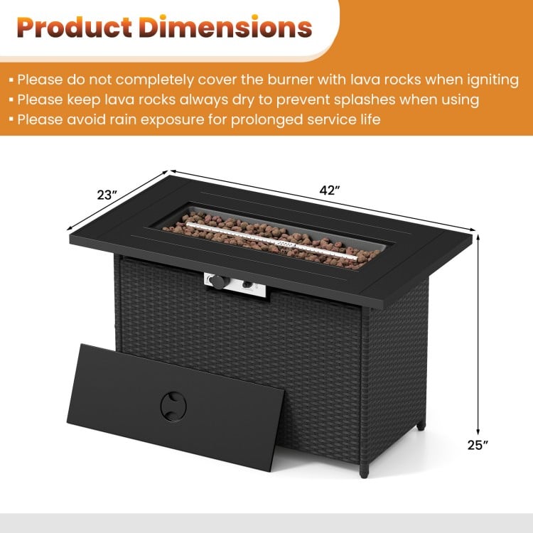 Propane fire pit table featuring a stainless steel burner and PE rattan design, ideal for outdoor gatherings.