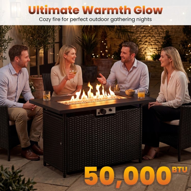 44.5-inch black and gray propane fire pit table with stainless steel burner, perfect for cozy outdoor gatherings.