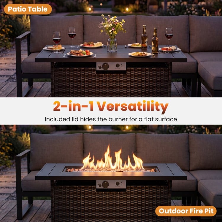 44.5-inch propane fire pit table with stainless steel burner, featuring a flat surface lid for versatile outdoor use.