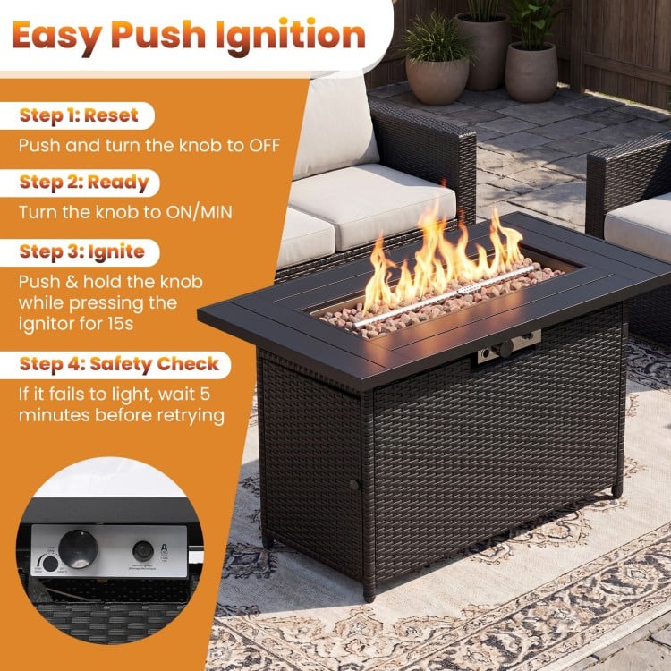 44.5-inch propane fire pit table with stainless steel burner and lava rocks, perfect for outdoor gatherings and dining.