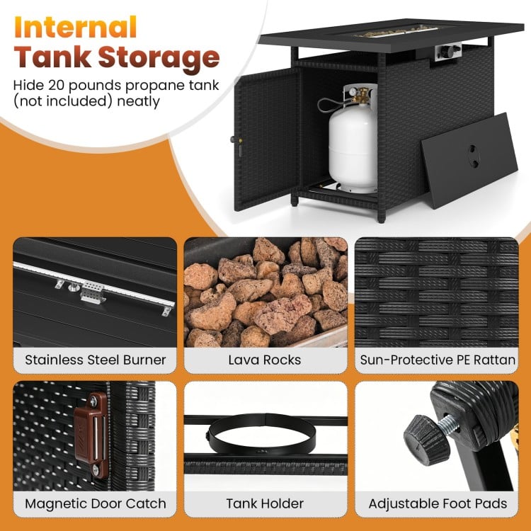 44.5-inch black and gray propane fire pit table with stainless steel burner and internal tank storage for outdoor.