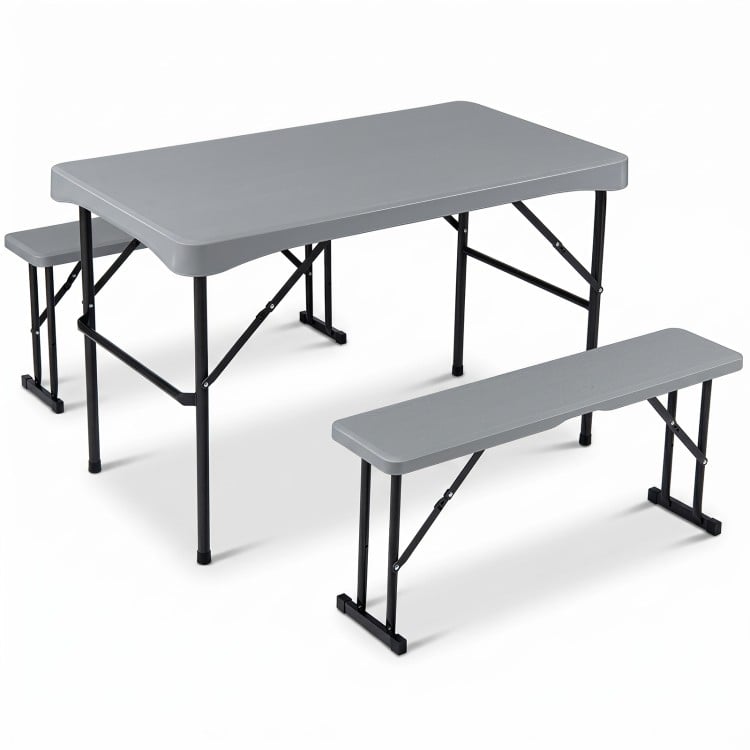 Folding picnic table set with gray HDPE top and two benches, perfect for outdoor gatherings and easy storage.