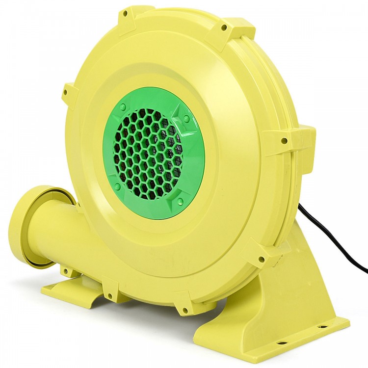 Yellow 950 W air blower pump fan with green grill, designed for inflatable bounce houses and outdoor fun.