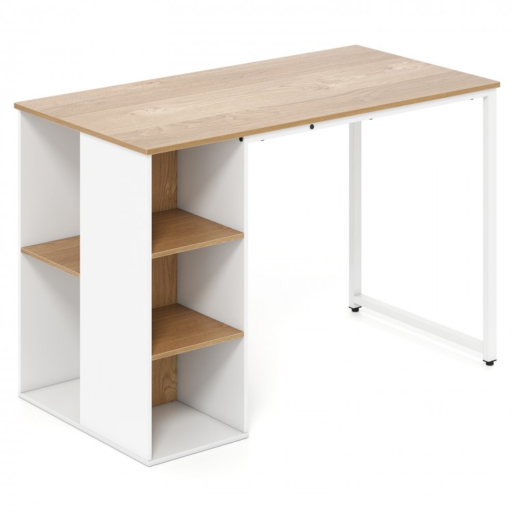 Computer desk with a spacious tabletop, metal frame, and 5 storage compartments for organized workspace.