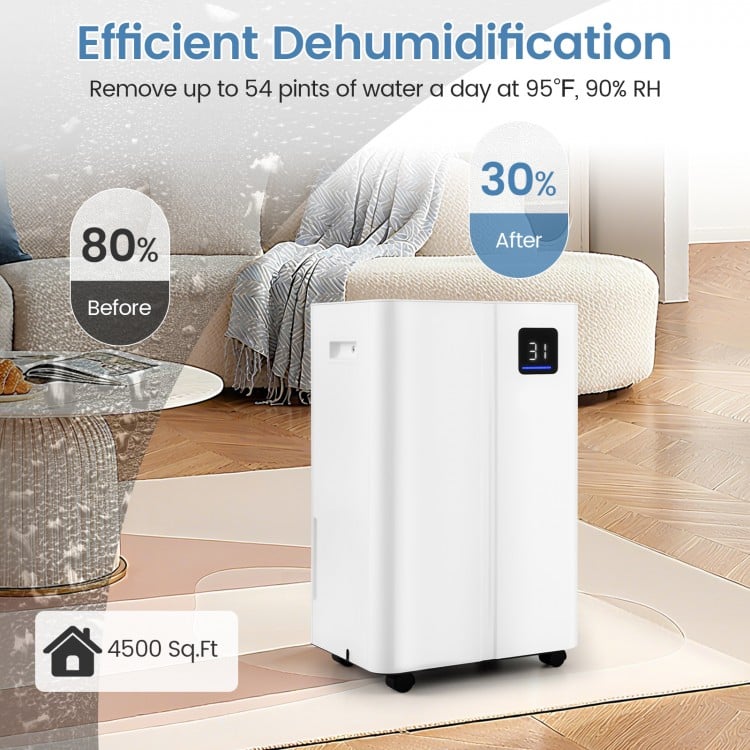 White 54 Pints dehumidifier with LED display, 3 modes, and 4 wheels for home and basement use, covering 4500 sq. ft.