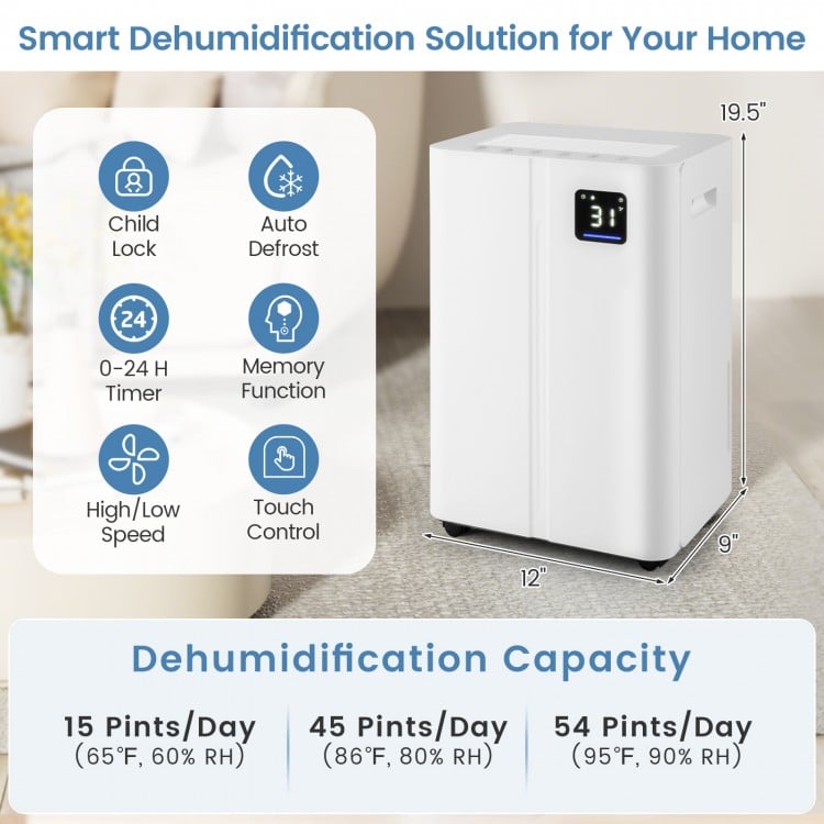 White 54 Pints dehumidifier with touch control, LED display, and 3 modes for home use, ideal for basements and bedrooms.