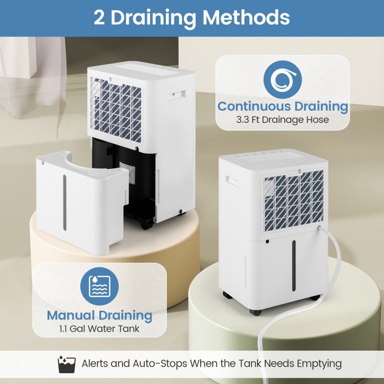 Dehumidifier with 3 modes and 1.1-gallon tank, featuring continuous drainage and a touch control panel for home use.