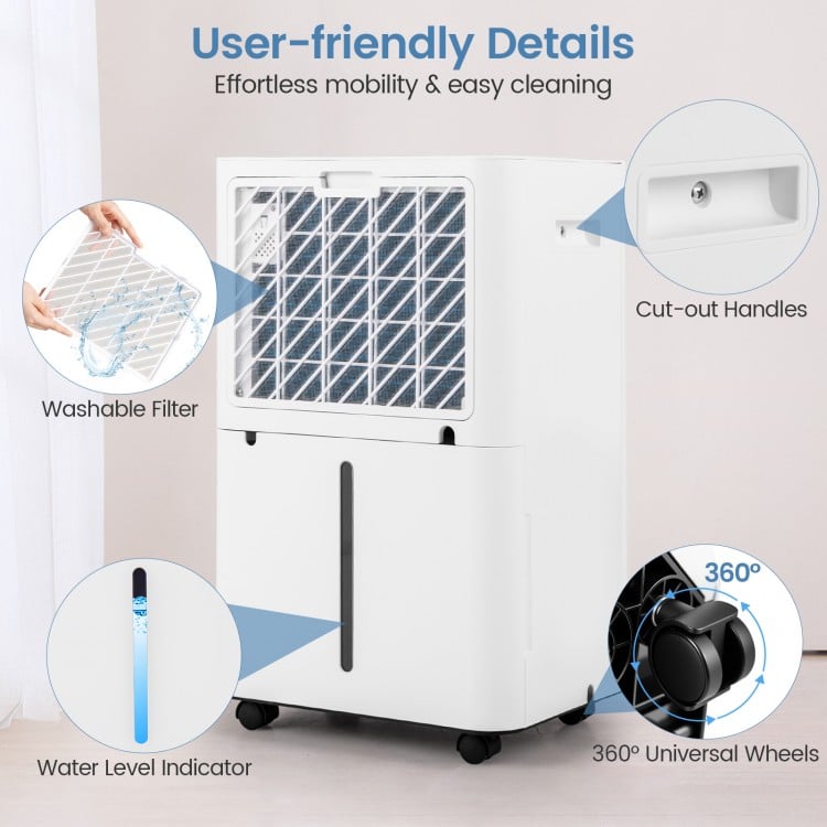 Dehumidifier with user-friendly features, including a washable filter, water level indicator, and 360° universal wheels.