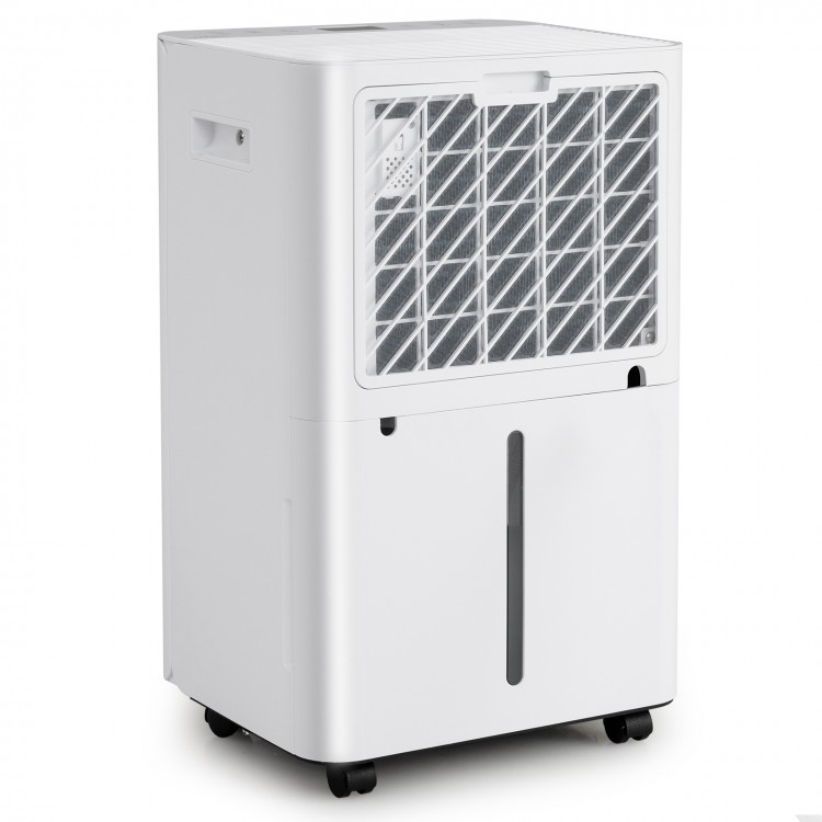 High-efficiency 54-pint dehumidifier in white for large rooms up to 4500 sq.ft, featuring a drain hose and LED display.