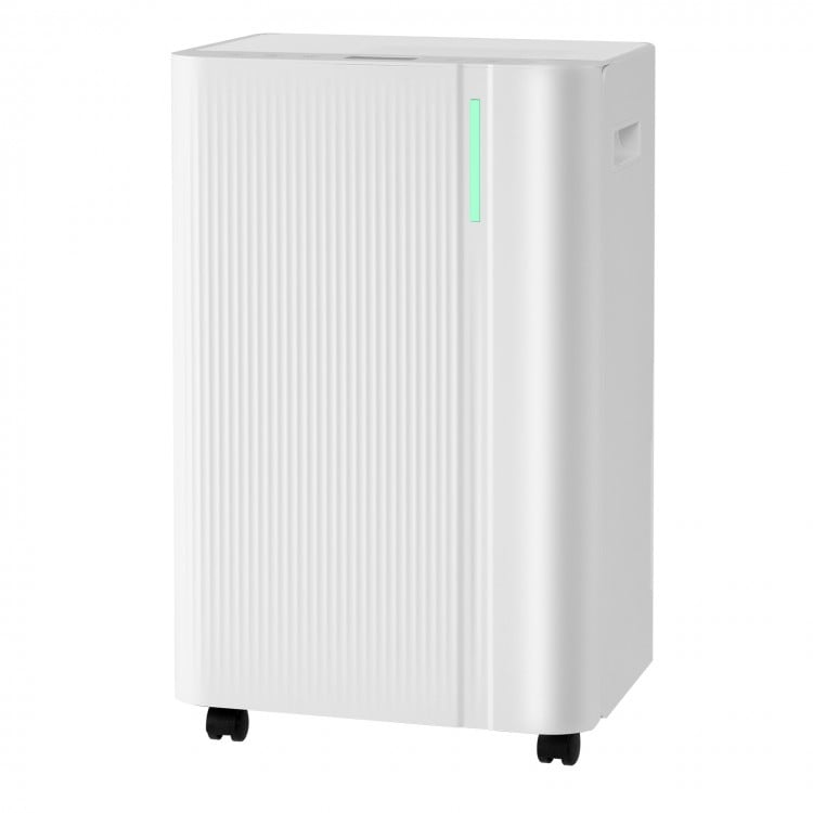 White 54-pint dehumidifier with wheels, LED display, and drain hose for efficient moisture removal in large rooms.
