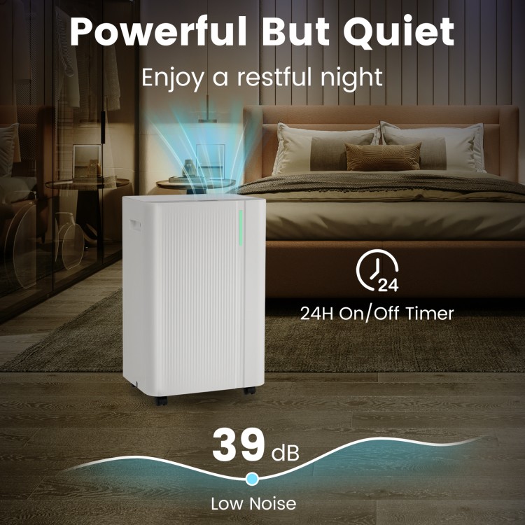 White 4500 Sq.Ft dehumidifier with LED display, 39 dB quiet operation, and 24-hour timer for home use.