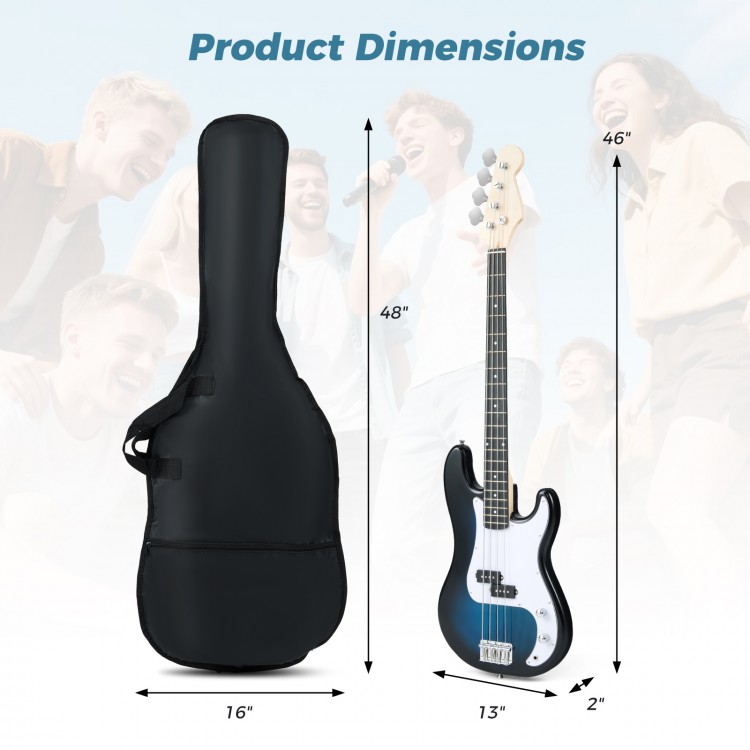 Electric bass guitar with gig bag, featuring solid wood construction and double pickups, ideal for beginners and.