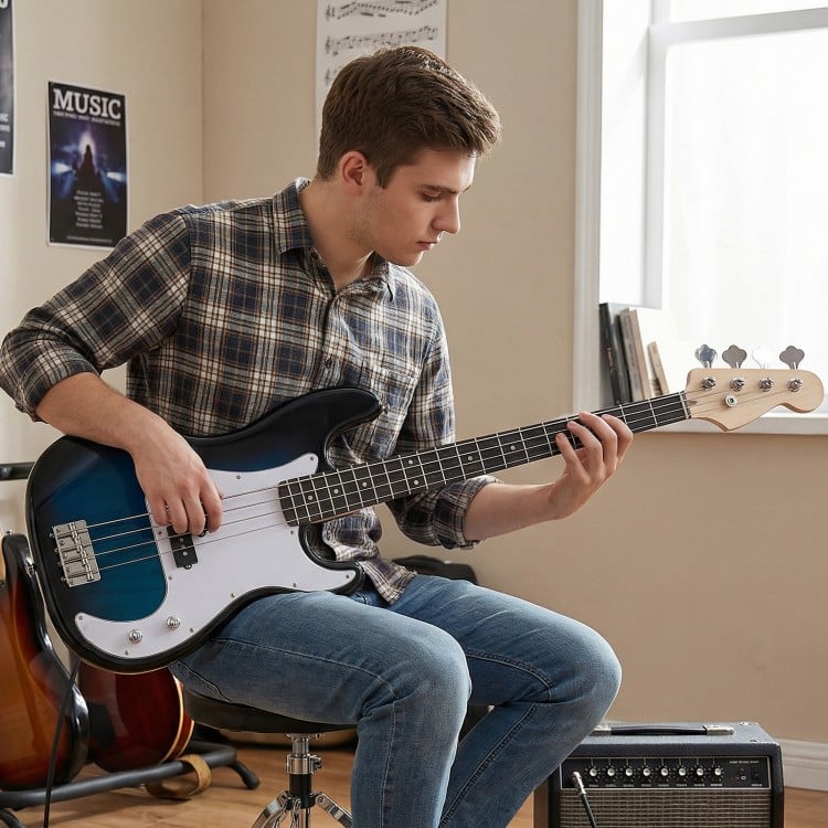 Electric bass guitar in blue with double pickups, featuring a smooth neck and solid wood construction for beginners.