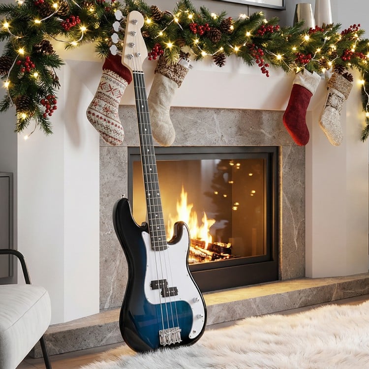 Blue 45.5-inch electric bass guitar with double pickups, gig bag, and solid wood construction, perfect for beginners.