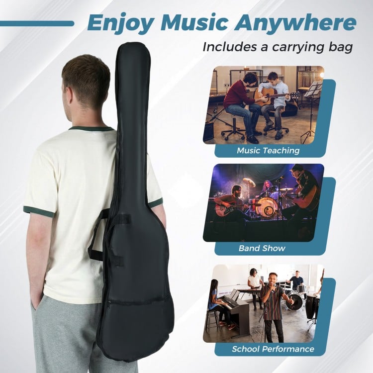 45.5-inch blue electric bass guitar with double pickups and gig bag, ideal for beginners and music performances.