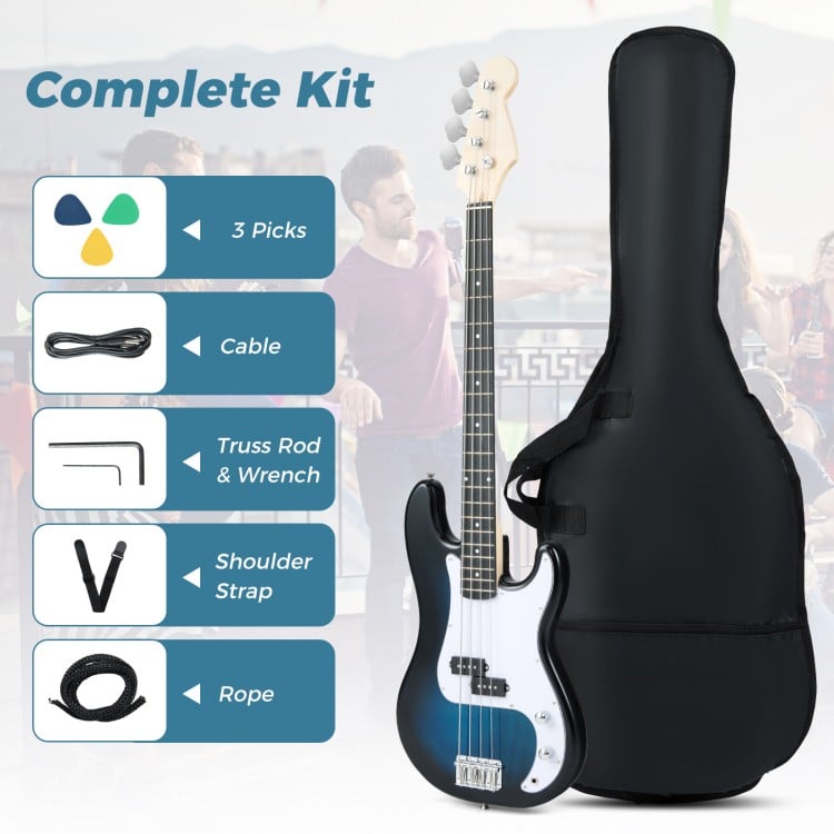 45.5-inch electric bass guitar in blue with gig bag, featuring double pickups, shoulder strap, and 3 picks for.
