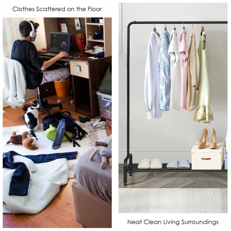 Heavy duty clothes stand rack with top rod and lower shelf, perfect for organizing clothes and shoes in any room.