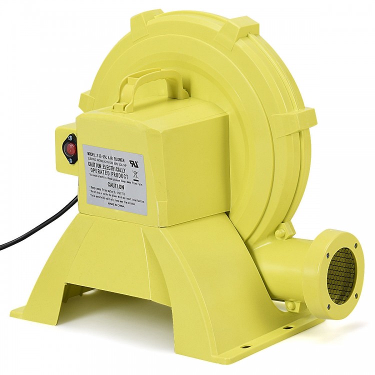 Yellow 950 W air blower pump fan with top-mounted handle for inflatable bounce houses and outdoor fun.