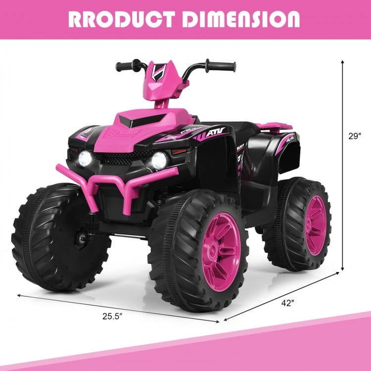 Pink 12V kids ride-on ATV with LED lights, treaded tires, and dimensions 25.5" x 42" x 29", perfect for outdoor fun.