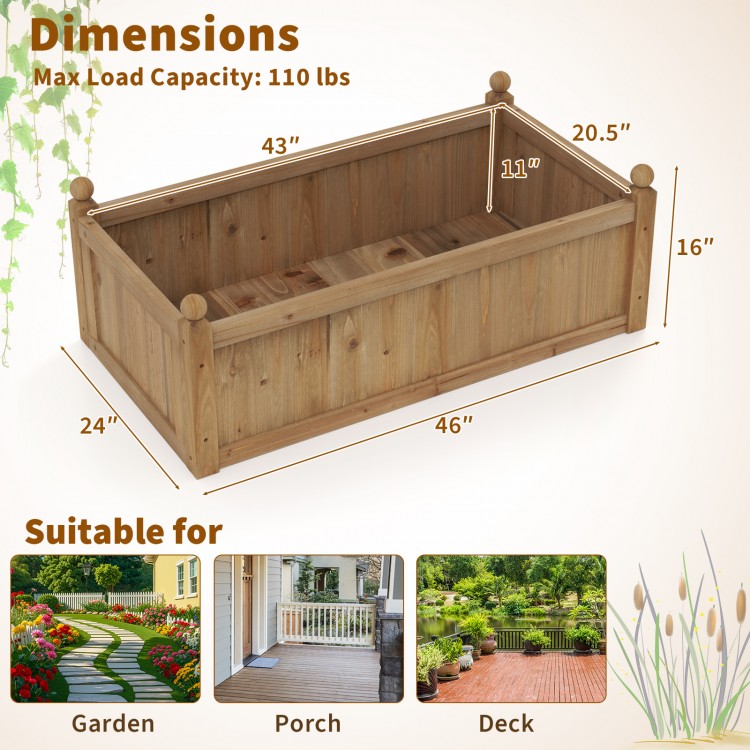 Rectangular brown planter box made of natural fir wood, 46 x 24 x 16 inches, ideal for backyard garden use.