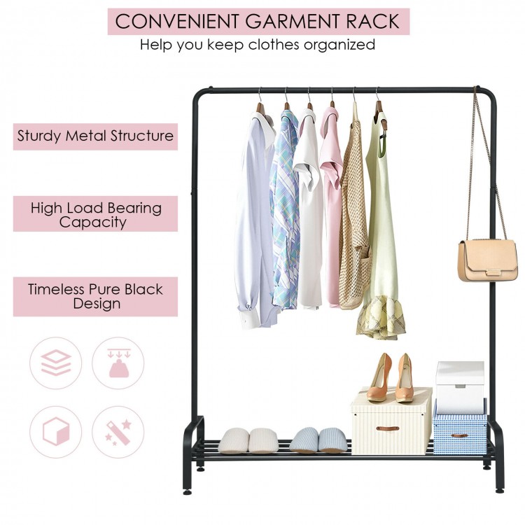 Heavy duty clothes stand rack with top rod and lower storage shelf, perfect for organizing clothes and accessories.