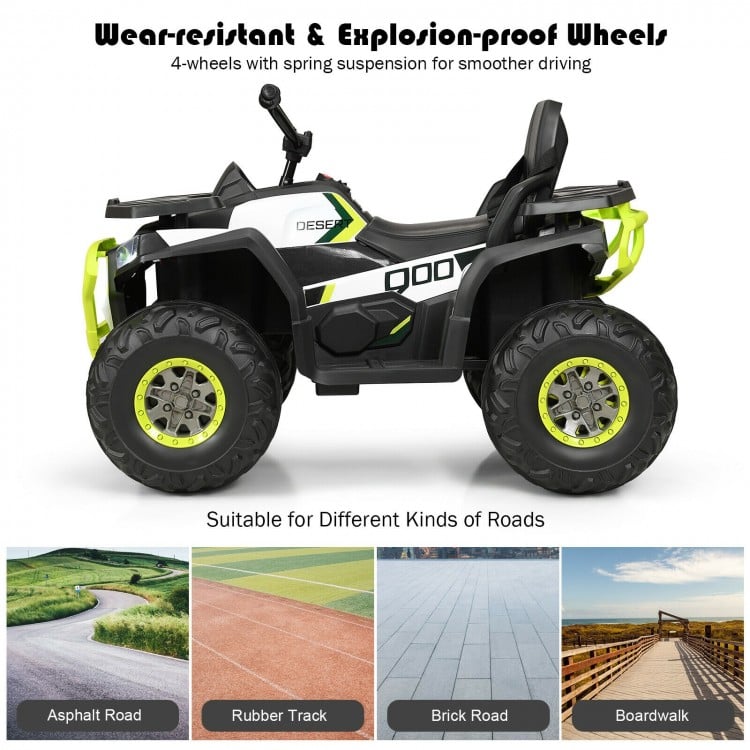 Electric 12V kids ATV quad in white with wear-resistant wheels, LED lights, and comfortable seat for safe driving fun.