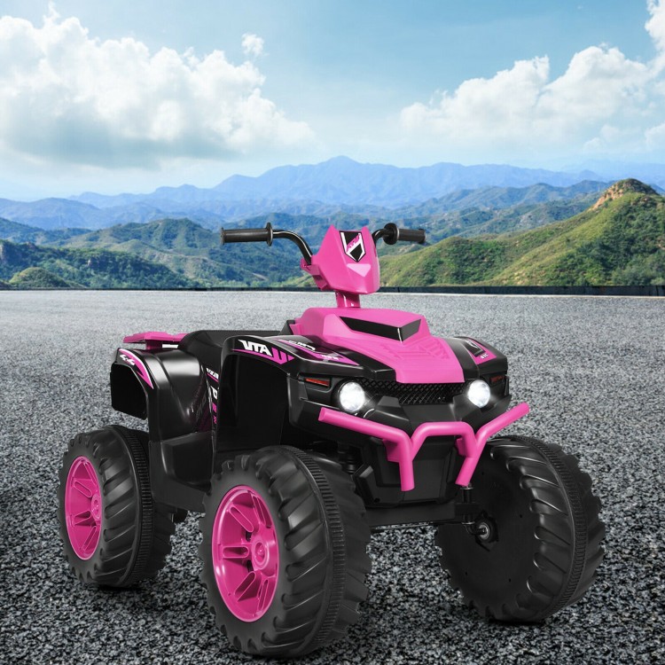 12V pink kids ride-on ATV with LED lights, treaded tires, and variable speeds for fun outdoor adventures.