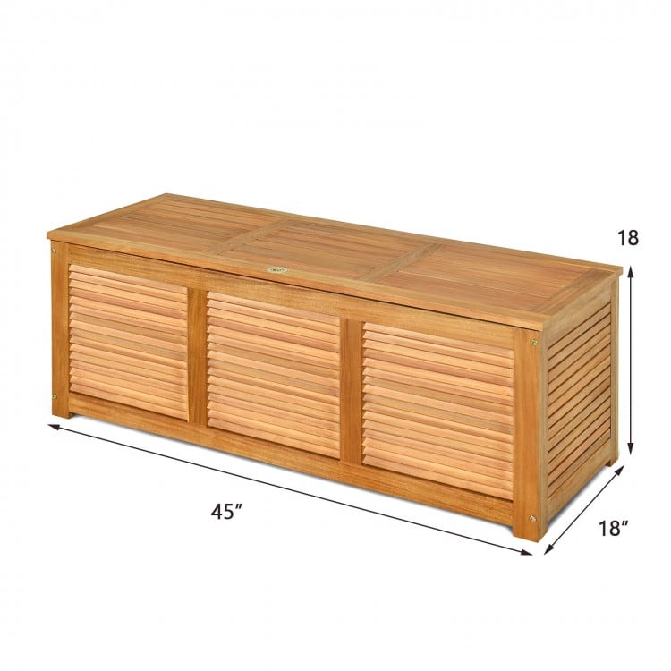 Side view of the sturdy acacia wood storage bench box, featuring a flip-top lid and dimensions of 45” x 18” x 18”.