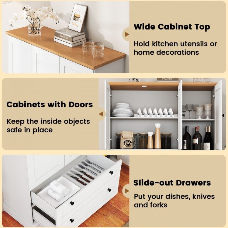 Freestanding white kitchen storage cabinet featuring a wood-like countertop, three doors, and two slide-out drawers for.