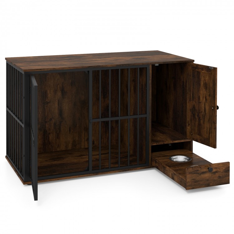 Rustic brown dog crate furniture with hidden pull-out bowls, ideal for small to medium dogs, doubles as an accent table.