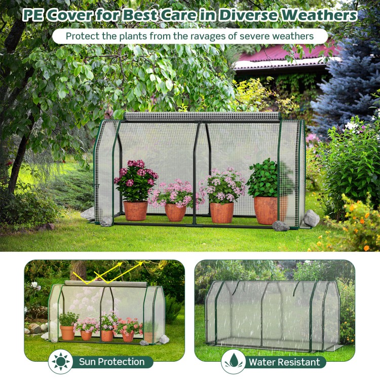 Mini greenhouse with roll-up zipper door, 47.5 x 21.5 x 24 inches, featuring PE cover for sun protection and weather.