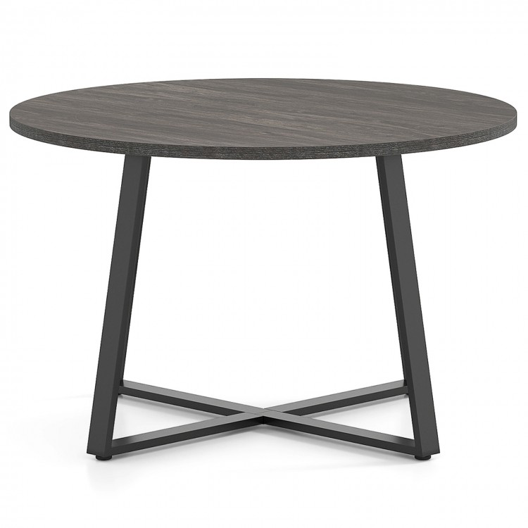 Round 47-inch dining table with a grey wood-grain surface and stable X-shaped base, ideal for various settings.