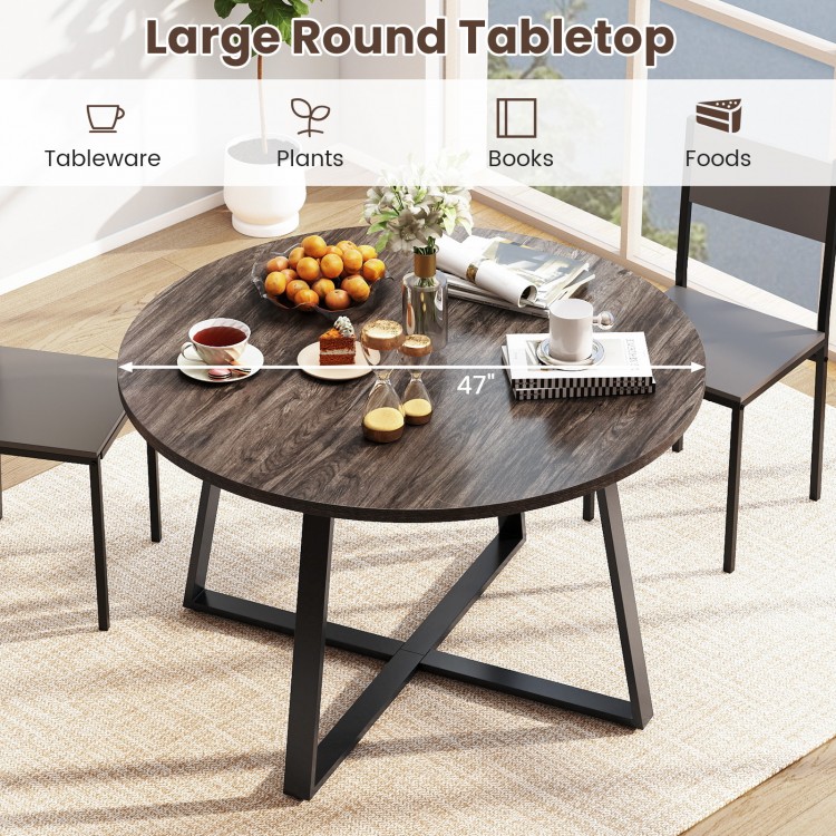 Round 47-inch dining table with a grey wood-grain surface and stable X-shaped base, ideal for dining or living areas.