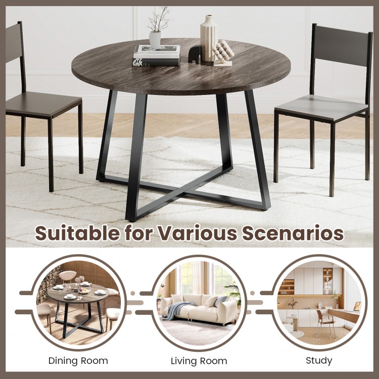 Round 47-inch dining table with a grey wood-grain surface and stable X-shaped base, ideal for dining rooms and living.
