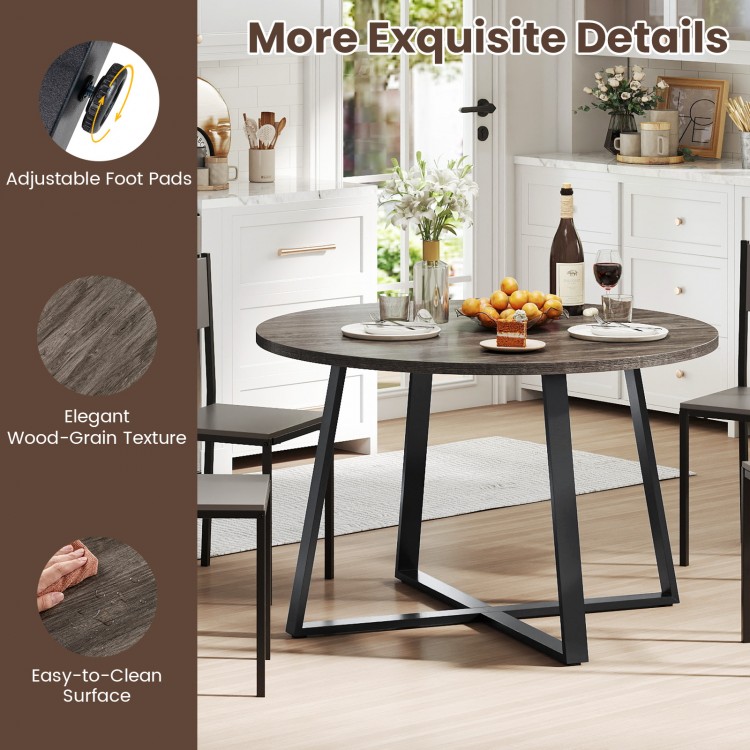 47-inch round dining table with grey wood-grain surface and X-shaped base, perfect for dining rooms and easy to clean.