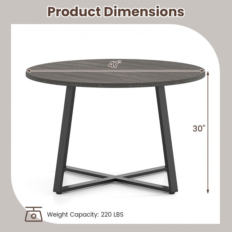 47-inch round dining table with a grey wood-grain surface and X-shaped base, perfect for various dining settings.