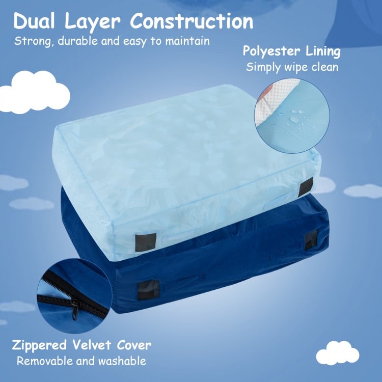 Blue crash pad sensory mat with foam blocks, zippered velvet cover, and non-slip bottom for safe play and relaxation.