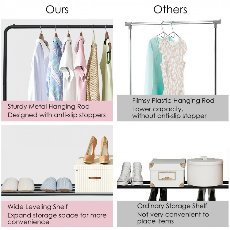 Heavy duty clothes stand rack with sturdy metal rod, anti-slip stoppers, and wide lower storage shelf for organized.