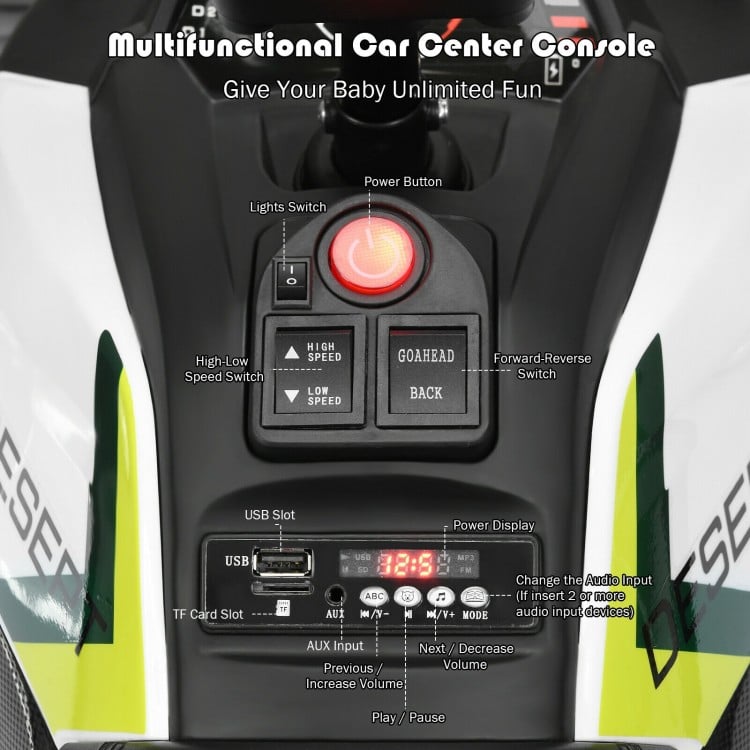 Close-up of the multifunctional car center console for the 12V kids electric ATV, featuring USB slot and speed controls.