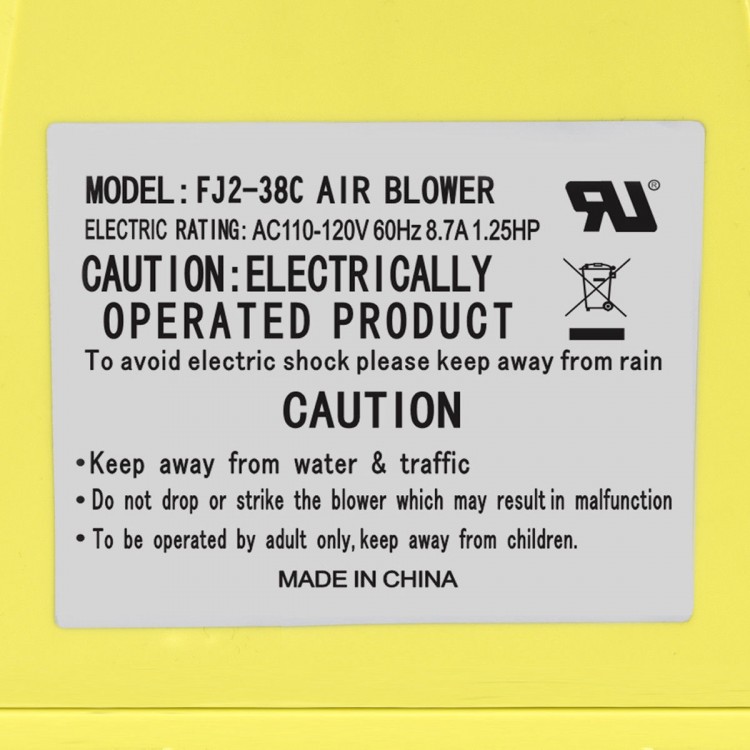 950 W air blower pump fan with caution label, designed for inflatable bounce houses and easy to carry.
