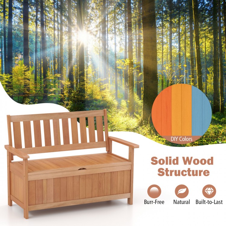 48-inch patio wood storage bench with slatted backrest, natural finish, perfect for outdoor seating and storage.