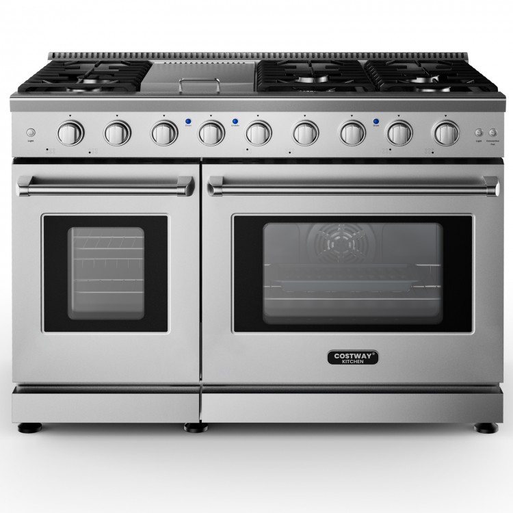 Freestanding 48-inch natural gas range with 7 burners, dual ovens, and griddle for versatile cooking options.