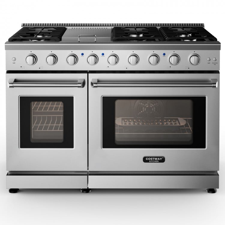 Freestanding 48-inch natural gas range featuring an additional storage drawer and bright halogen light for convenience.