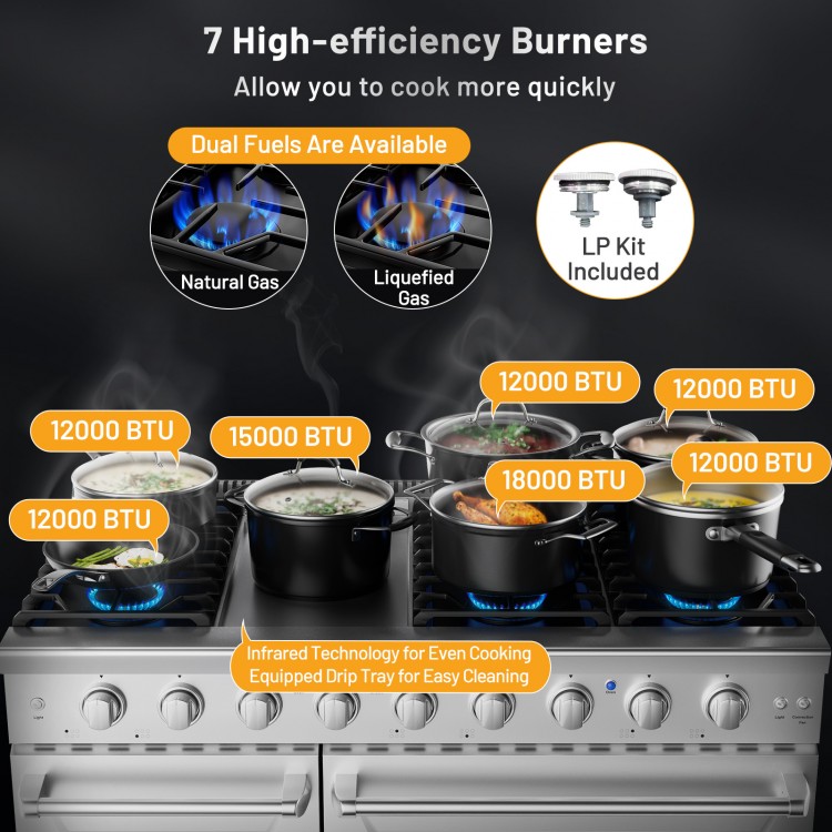 Freestanding 48-inch natural gas range with 7 burners, including a 15000 BTU griddle, ideal for diverse cooking needs.