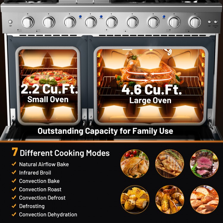 Freestanding natural gas range with dual ovens, 6.8 cu.ft. capacity, and 7 cooking modes for versatile meal preparation.