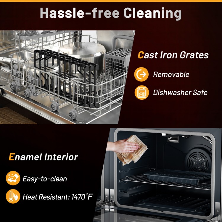 Cast iron grates and enamel interior of the 48-inch natural gas range, showcasing easy cleaning and heat resistance.
