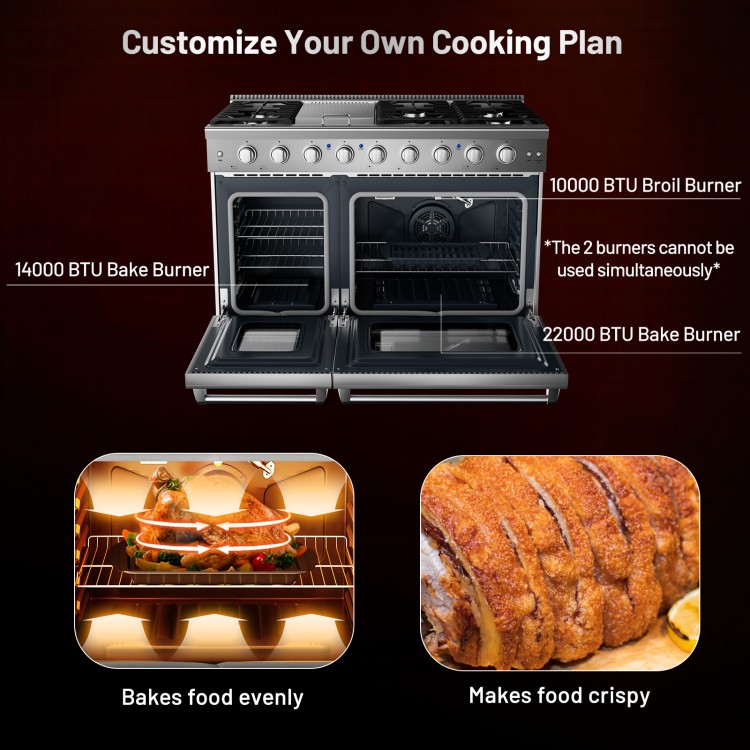 Freestanding 48-inch natural gas range with 7 burners, dual ovens, and advanced infrared griddle for versatile cooking.