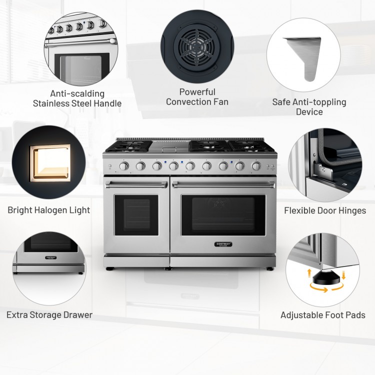 Freestanding 48-inch natural gas range with 7 burners, dual ovens, and anti-scalding handle for versatile cooking.