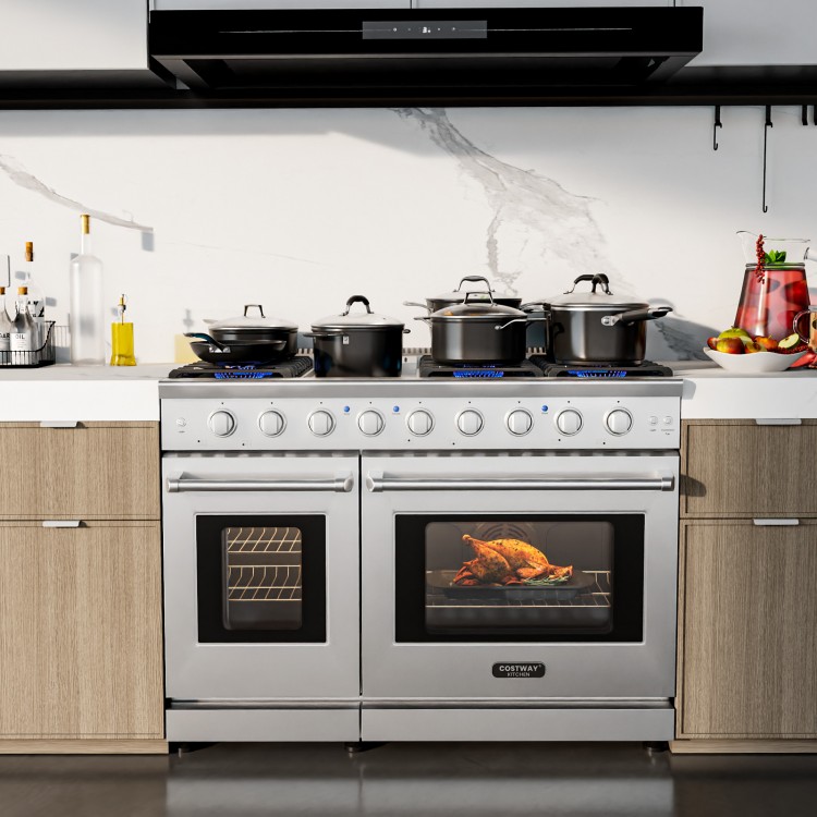 Freestanding 48-inch natural gas range with 7 burners, dual ovens, and griddle, ideal for versatile cooking needs.