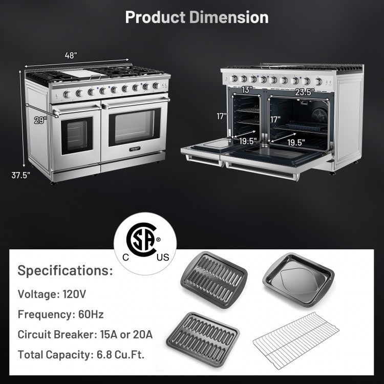 Freestanding 48-inch natural gas range with 7 burners, 2 ovens, and 6.8 cu.ft. capacity for versatile cooking.